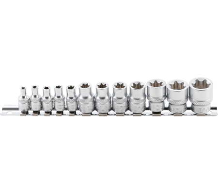 Dugókulcskészlet, E-profil | 6,3 mm (1/4") / 10 mm (3/8") | E4 - E20 | 12 darabos