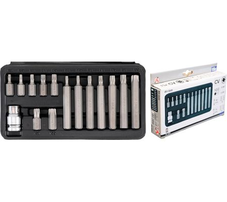 Behajtófej készlet | rövid / hosszú | külső hatszögletű kulcsnyílású hajtás 10 mm (3/8") | T-profil (Torx) | 15 darabos