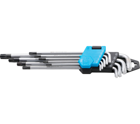 Derékszögű kulcs készlet | extra hosszú | T-profil (Torx) furattal T10 - T50 | 9 darabos