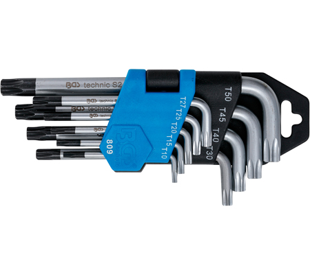 Derékszögű kulcs készlet | rövid | T-profil (Torx) T10 furattal - T50 | 9 darabos