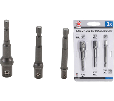 Adapterkészlet fúrógépekhez | külső hatszögletű kulcsnyílású hajtás 6,3 mm (1/4") | 6,3 mm (1/4") / 10 mm (3/8") / 12,5 mm (1/2") | 3 darabos