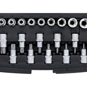 Behajtófej-/dugókulcskészlet | belső hatszögletű 12,5 mm (1/2") | T-profil (Torx)/E-profil | 19 darabos